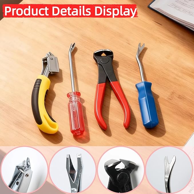 4 Pcs Staple & Nail Puller Tool Kit – Upholstery Staple Remover, Tack Lifter, Nail Puller Pliers & Fastener Remover for Furniture, Floor, Wall, Wood, Car, Photo Frame