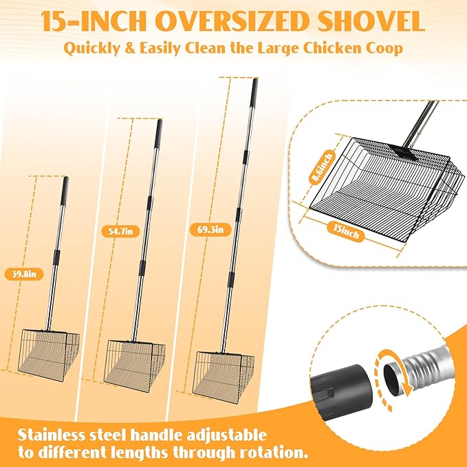 CAROD 15"-Large Thickened Chicken Poop Scooper, 24 to 68" Adjustable Chicken Coop Scoop for Poop with Stainless Steel Handle, Litter Scooper Sifting Shovel Chicken Coop Accessories