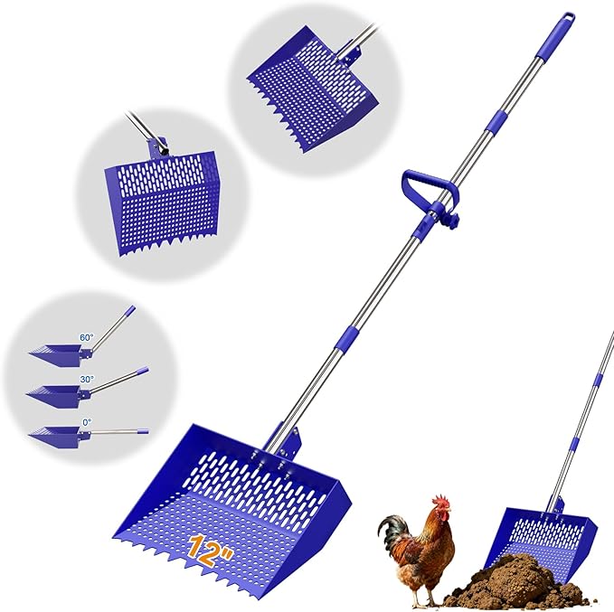 12-Inch 2-in-1 Chicken Poop Scooper & Rake, Chicken Coop Scoop with Adjustable Stainless Steel Handle （24–64"）, 3 Angles & 2 Sifting Holes, Litter Scoop Sand Sifting Shovel Pooper Scooper (Blue)