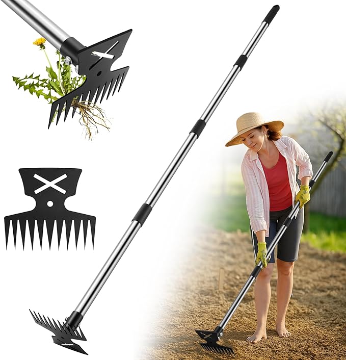 Weed Puller Tool with Long Handle, 11 Tooth Weed Remover Tool, 2 in 1 Weed Rake and Garden Hoe for Weeding, Weeder Tool with Detachable Handle, Uprooting Weeding Tool for Yard, Lawn, Patio,Garden