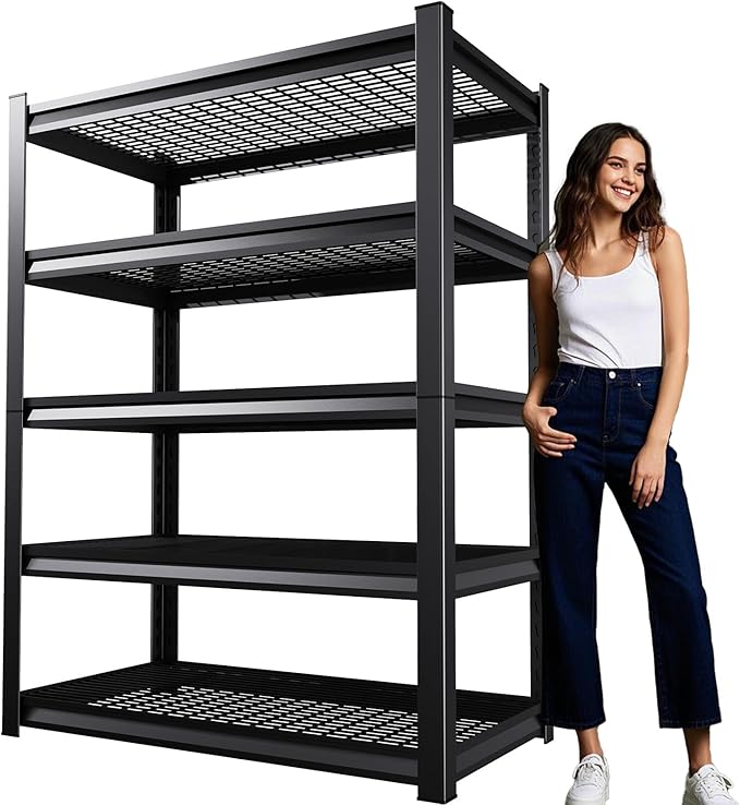 81''H/45''W Garage Shelving Heavy Duty 5-Tier Adjustable Storage Shelves Unit,3000 LBS Metal Utility Rack Shelf for Industries, Warehouses, Basement,Black (81'H x 45.7''W x 21''D)