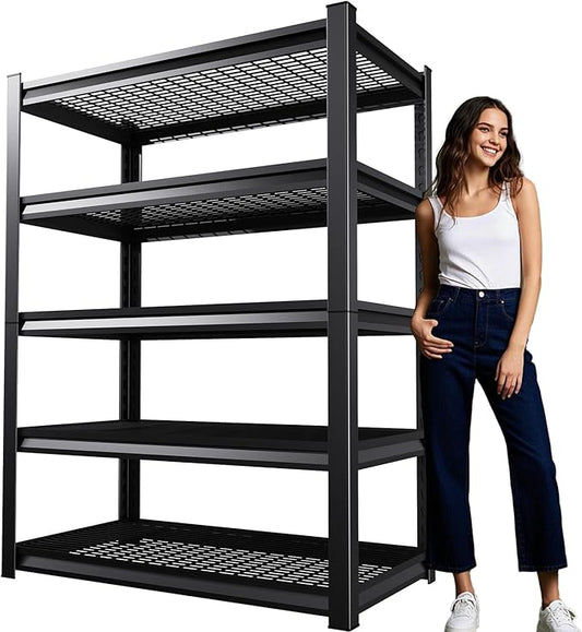 81''H/45''W Garage Shelving Heavy Duty 5-Tier Adjustable Storage Shelves Unit,3000 LBS Metal Utility Rack Shelf for Industries, Warehouses, Basement,Black (81'H x 45.7''W x 21''D)