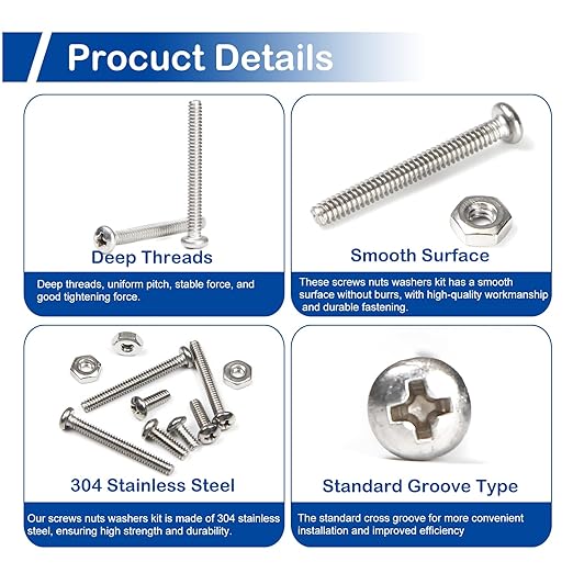 310Pcs #4-40 Phillips Pan Head Machine Screws Assortment Kit 304 Stainless Steel Assorted Nuts and Bolts Fully Machine Thread(#4-40x3/16, 1/4", 5/16", 3/8", 1/2", 5/8", 3/4", 7/8", 1")