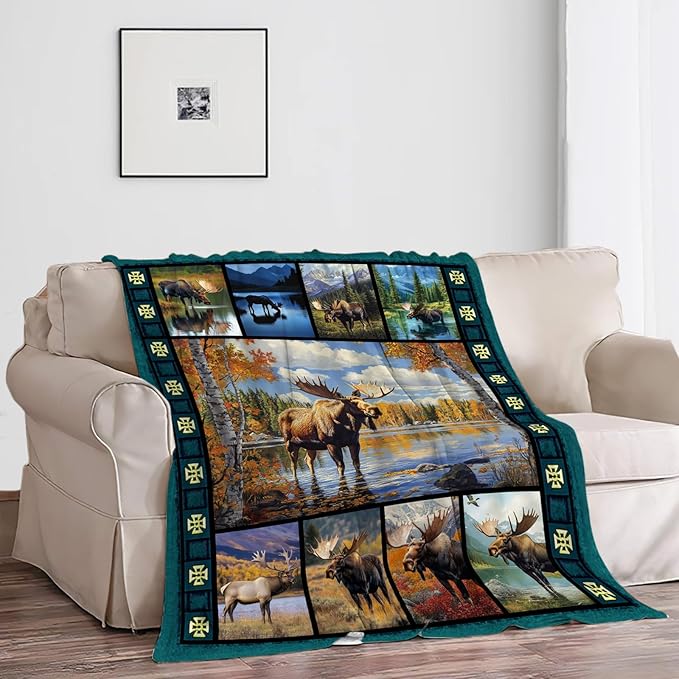 Moose Blanket, Rustic Cabin Throw Blanket, Forest Deer Gifts Blankets Wildlife Stuff Fleece Flannel Plush for Girls Women Men Boys Lovers Adults Soft Bedding for Sofa Bed Office Home Decor 40"X50"