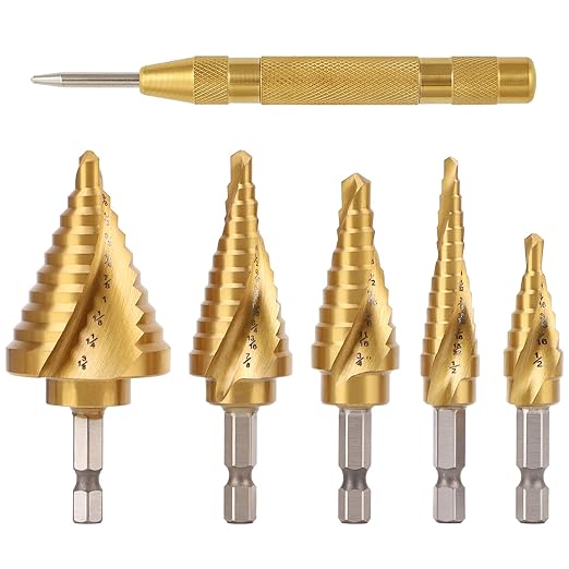 COMOWARE 5PCS Titanium HSS Step Drill Bit Set with 1/4" Hex Shank, Automatic Center Punch, Two Spiral Flute Impact Design, Ideal for Metal, Stainless Steel, Wood, Plastic