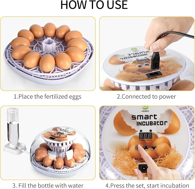 12 Egg Digital Incubator Automatic Turner, Humidity Control & LED Candler for Hatching Chicken, Duck, Quail & More with Auto Water Refill (12 Egg-White)