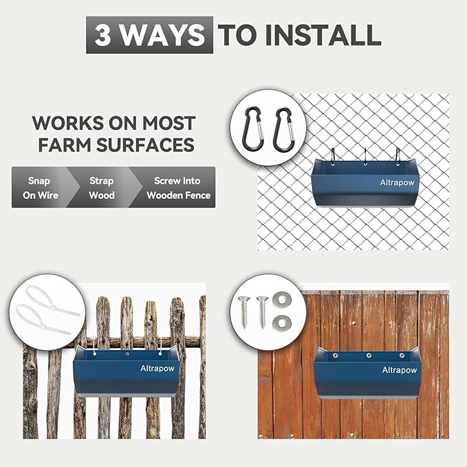 4.5 Quart Hanging Goat Feeder [Material of Metal] with Clips and Nylon Tie Wraps, Fence Feeder [Sturdy and Durable] for Goat, Pig and Dog, Blue, 4 Pack