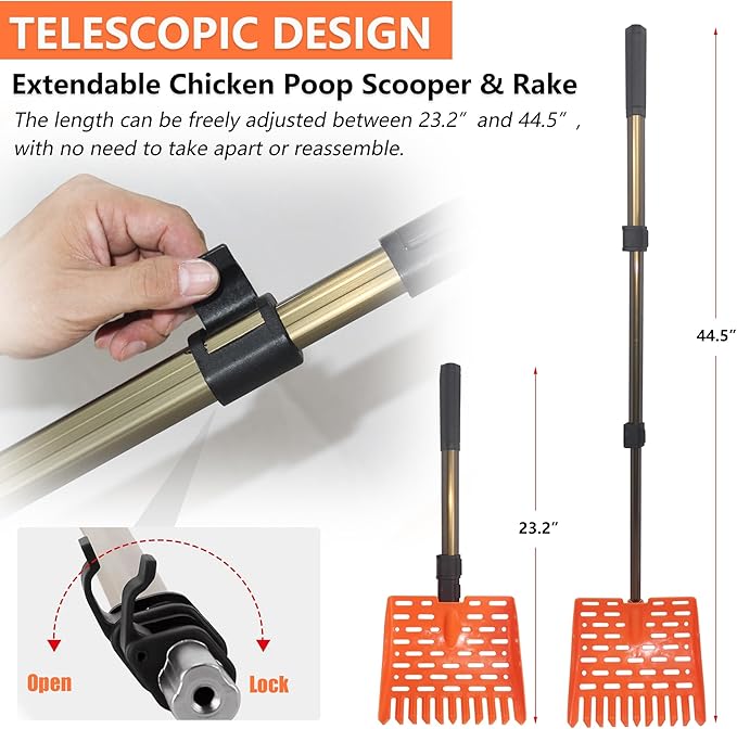 Chicken Poop Scooper & Rake 2-in-1 Telescopic Chicken Litter Scoop for Chicken Coops & Small Farm Animals Sand Sifting Litter Shovel (Orange)