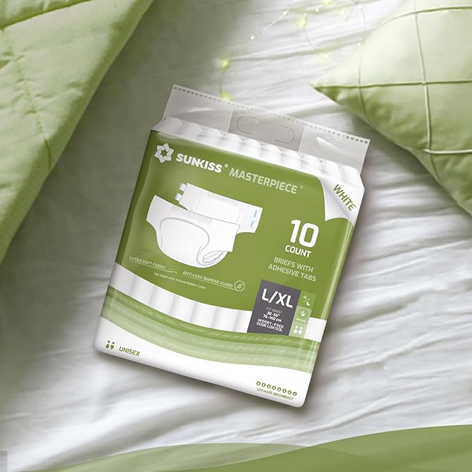SUNKISS Masterpiece Adult Diapers with Tabs, Unisex Disposable Incontinence Briefs for Women and Men, Odor Control, White, Large/XLarge, Previously Large, 10 Count
