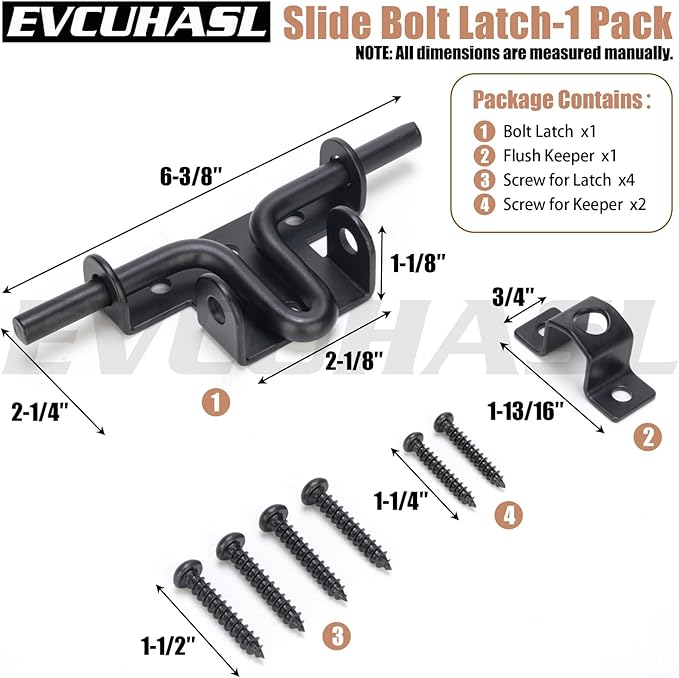 Slide Bolt Gate Latch with Padlock Hole, Heavy Duty Sliding Bolt Door Lock Hardware for Wooden Fence, Shed Gates, Barn Doors, Backyard Gate, Bolt Latch with Black Finish, 1 Pack