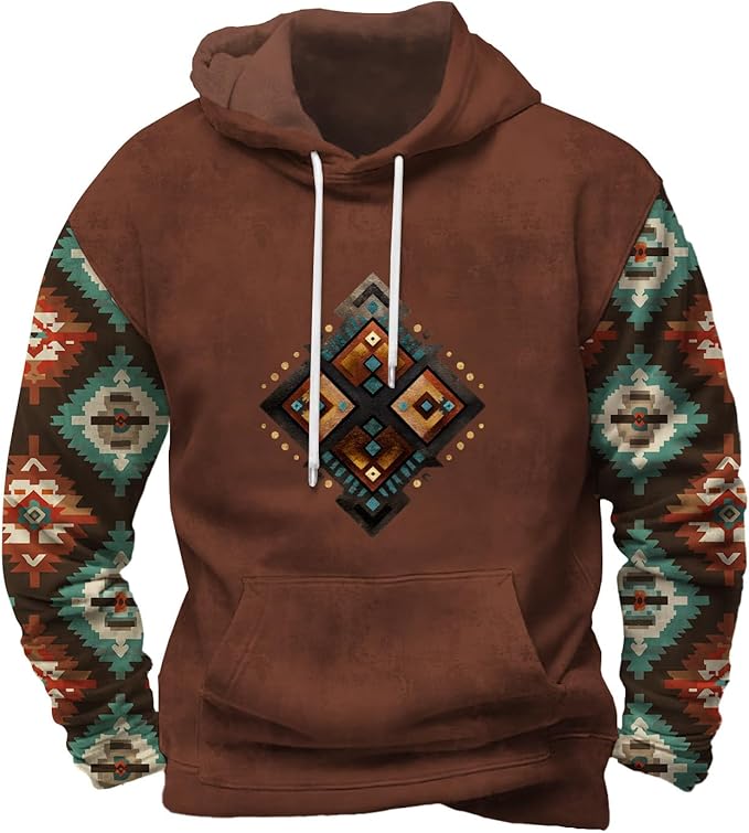 Mens Hooded Sweatshirt Vintage American Element Long Sleeve Fall Hoodie Classic Drawstring Front Pocket Pullover