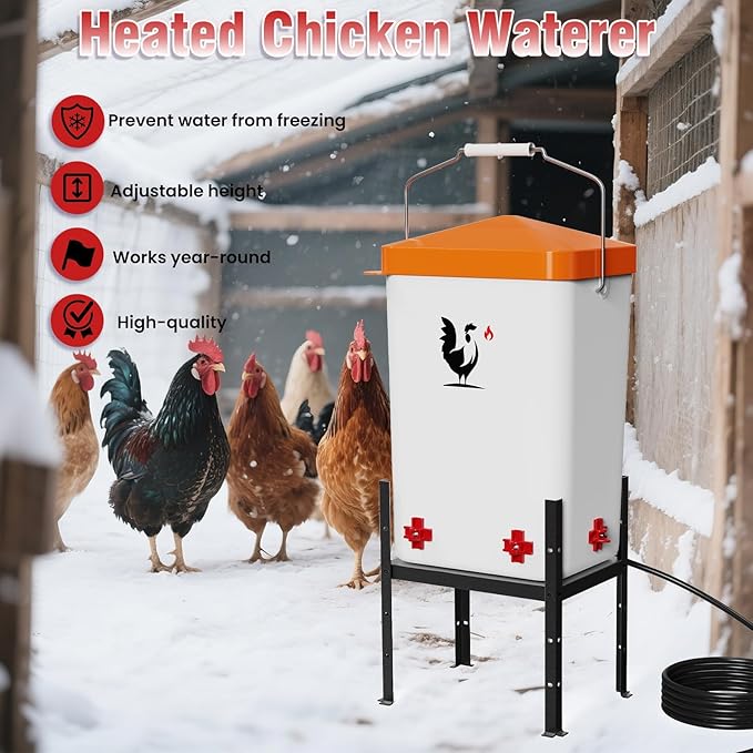 Heated Chicken Waterer, 3.2 Gallon Chickens Poultry Waterer with Nipples, Height Adjustable & Detachable Stand, All-Season Chicken Coop Waterers, Chicken Water Heater (12L, Orange Cover)