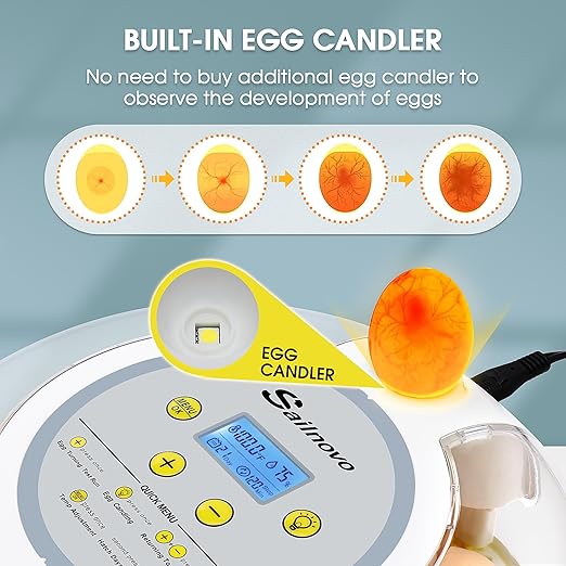 Sailnovo 18 Egg Incubator for Hatching Eggs, Chicken Egg Incubator with Automatic Egg Turning, Humidity Level Display, Egg Candler, Hatch Days & Incubator for Chicken Eggs (Yellow)