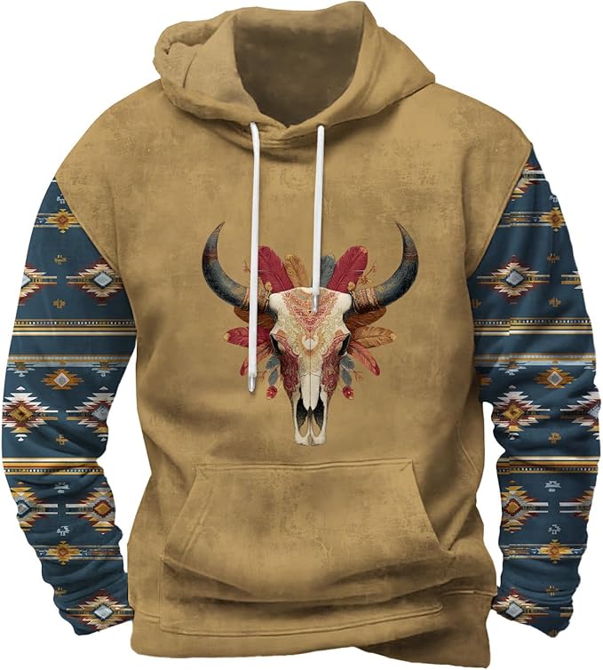 Mens Hooded Sweatshirt Vintage American Element Long Sleeve Fall Hoodie Classic Drawstring Front Pocket Pullover