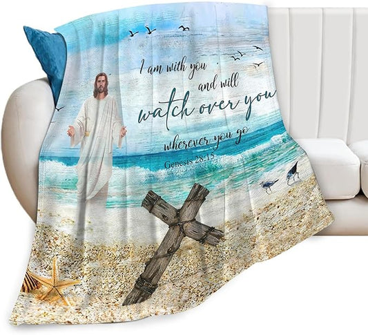 Tijuboni Christian Religious Jesus Throw Blanket Ocean Beach Gifts for Women Men Girls Boys Kids Adults Soft Flannel Fleece Blanket for Couch Sofa Bed Home Decor 40"x50"