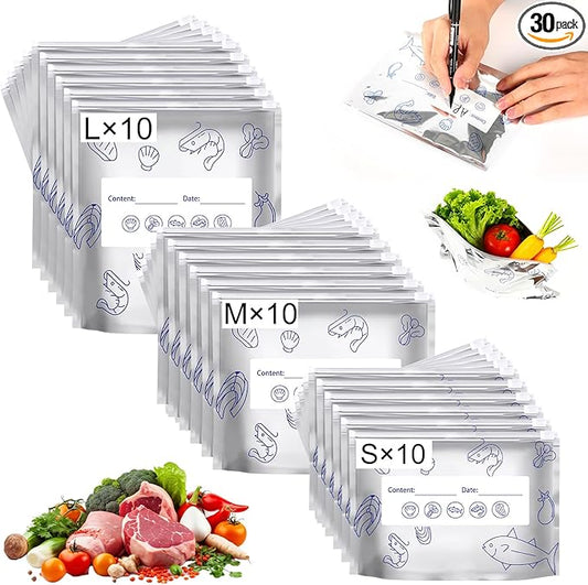Reusable Aluminum Foil Sealable Storage Bags, Thicken Stand Up Foil Sealable Bags with Label and Zip Lock,Aluminum Foil Bags Food Storage for Vegetables Fruits Meat Seafood & Meal Prep(30Pcs/3 Sizes)