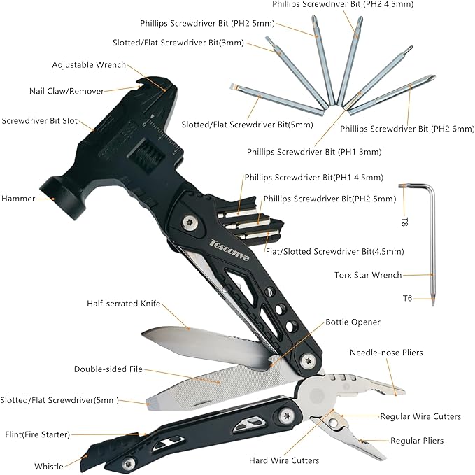 Wrench Multitool Hammer, Gifts for Men, Premium Multi Tool Hammer Pliers Knife with Screwdriver Wire Cutters Bottle Opener, Multi Purpose for Outdoor Camping Emergency, Christmas Day