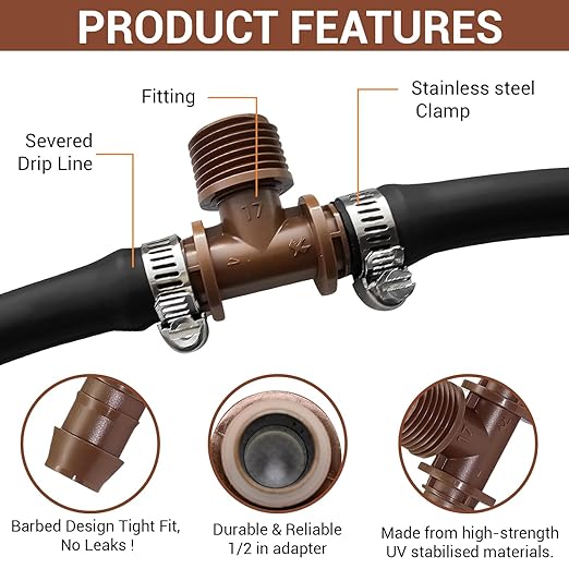 LECTO 1/2" MPT Drip Irrigation Tee Adapter – Fits 1/2" & 5/8" Drip Tubing, Barbed Tee Connector with Stainless Steel Clamps, UV-Resistant (1 Pack)