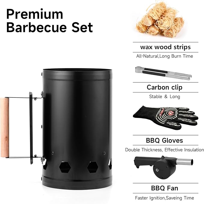 WILLBBQ Charcoal Chimney Starter, Heavy Duty Premium Chimney Starter for Charcoal Grills BBQ Accessory with Heat Resistant Wooden Handle for Outdoor Grill Camping (Dark Black)