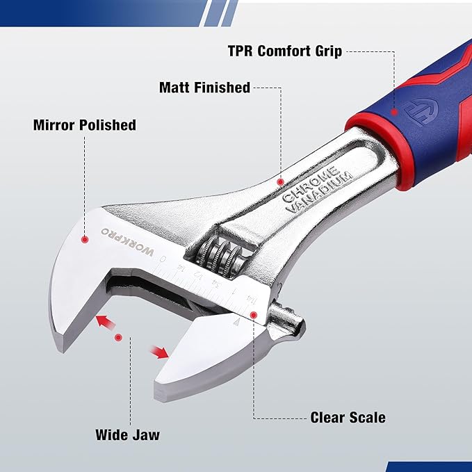 WORKPRO 10-inch Adjustable Wrench, Wide Jaw Opening Wrench with Rubber Anti-slip grip, Metric/SAE Scales, Premium Cr-V Steel, Chrome Plated