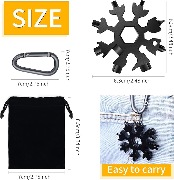 FZENeast Snowflake Multitool, 3 Pcs 18-in-1 Stainless Steel Snowflake Standard Multi-Tool, Snowflake Wrench with Key Ring, Carabiner Clip and Storage Bag (Black)