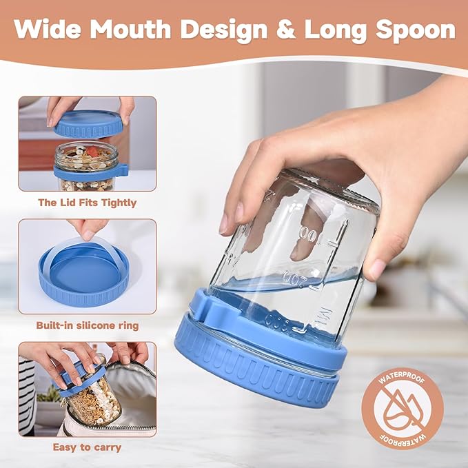 6 Pack Overnight Oats Containers with Lids and Spoons,16oz Mason Overnight Oats Jars for Yogurt,Grains,Fruits,Vegetables,Salads