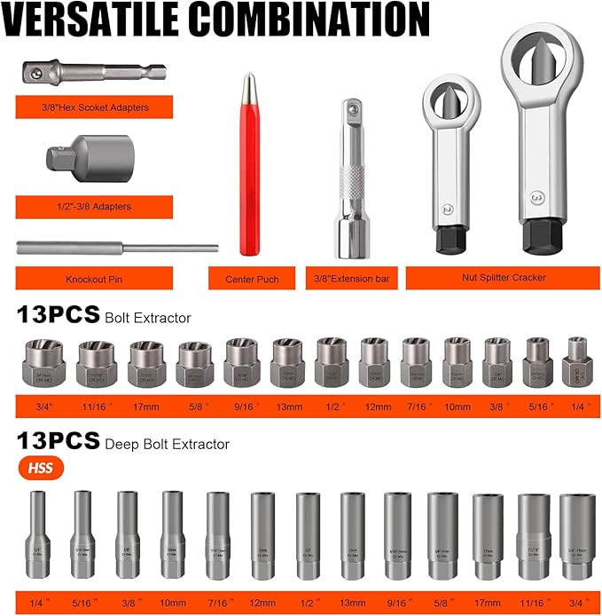 72pcs Bolt Extractor Kit for Men's Gift, Easy Out Screw Extractor Set, Lug Nut Removal Tool with Left Hand Drill Bit Set for Removing Damaged, Frozen, Rusted, Rounded-Off Bolts, Nuts & Screws