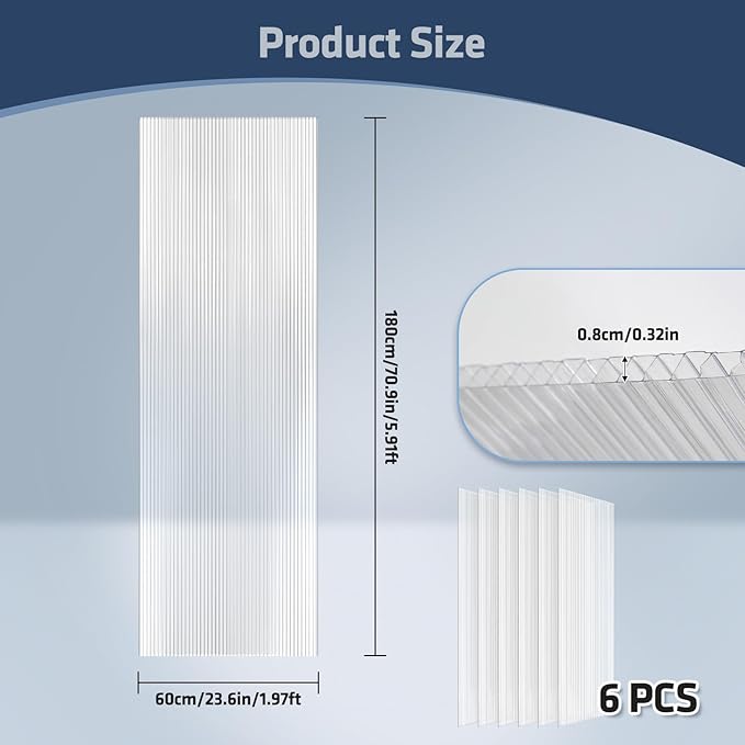 UMIG 6 PCS 6' x 2' x 0.32'' Polycarbonate Greenhouse Panels, Twin-Wall Waterproof UV Protected Corrugated Plastic Roof Panels Sheets, Clear Replacement Panels for Greenhouse, Outdoor, Plant
