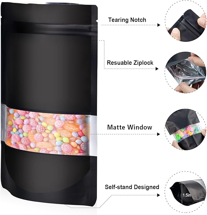 5.5"x7.8" 120pcs Mylar Bags for Food Storage,Smell Proof Bag with Matte Window Resealable Food Storage Bags for Small Business, Stand-up Foil Pouch Packaging Freeze Dried Candy Bag(Black)