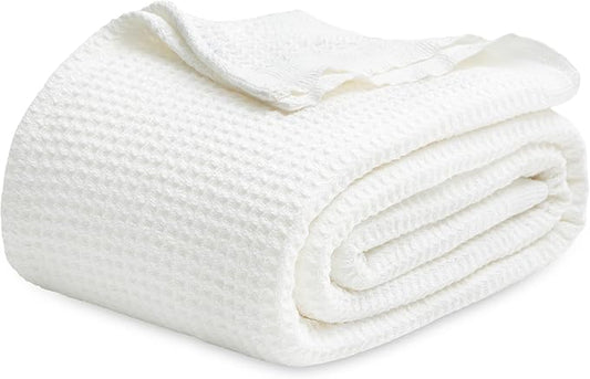 Bedsure Gentlesoft 100% Cotton Blanket King Size for Bed - Breathable and Soft, Thick Cozy Waffle Weave Christmas Blanket Gift for Women, White, 104x90 inches