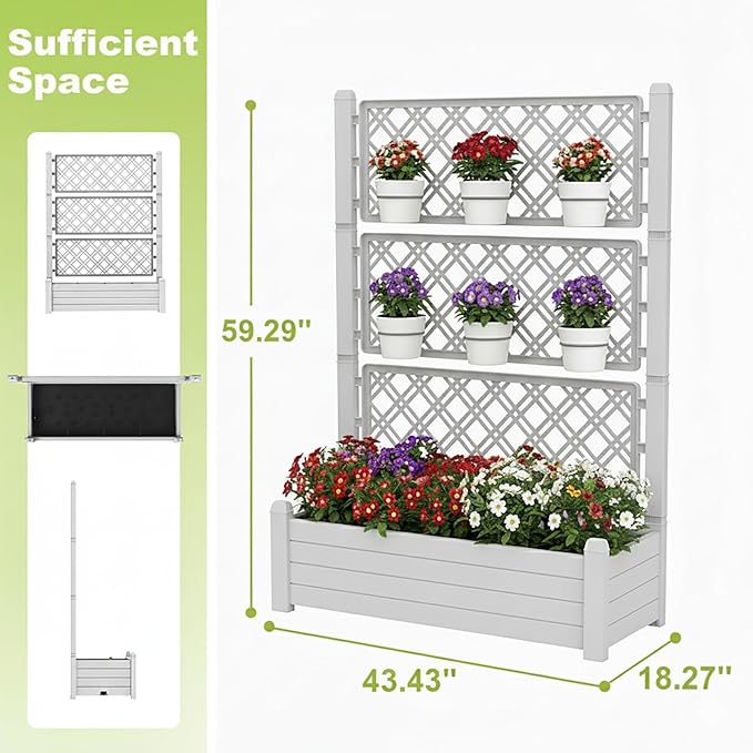 5.3' Tall Raised Garden Bed with Trellis, Outdoor Resin Plant Stand Planter Box with Drainage Plug for Veg/Fruits/Herb/Flower Best Choice for Backyard, Patio, Balcony (Ashen, 4 Pack)