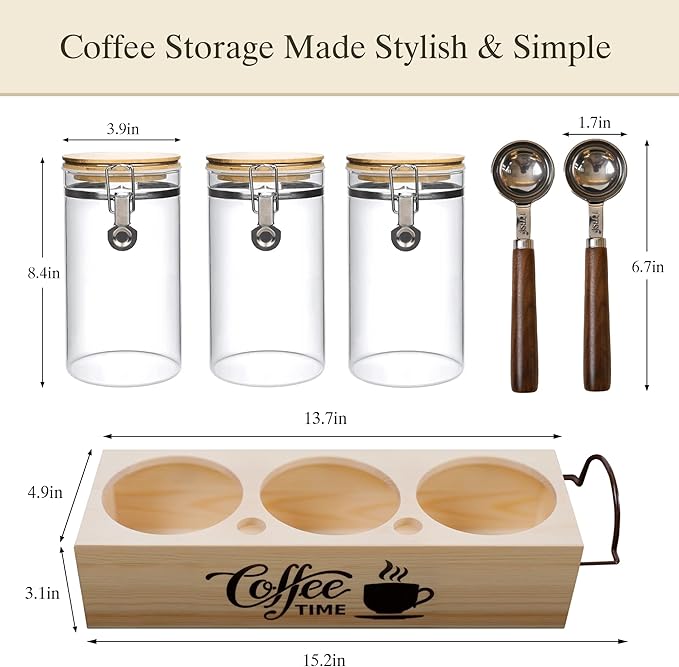 Glass Coffee Canister Set with Shelf & Spoons - 3 Piece Airtight Seal Coffee Bean Storage Containers & Filter Holder for Kitchen Organization