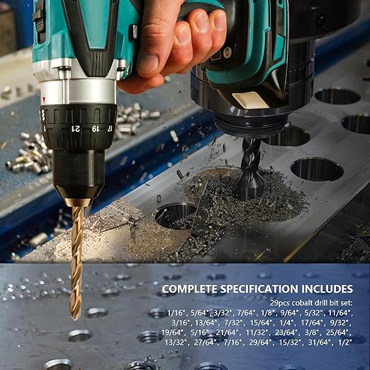 Cobalt Drill Bit Set - 29Pcs M35 High Speed Steel Twist Drill Bits for Hardened Metals, Stainless Steel, Cast Iron and Wooden Plastics with Metal Index Storage Box, 1/16"-1/2"