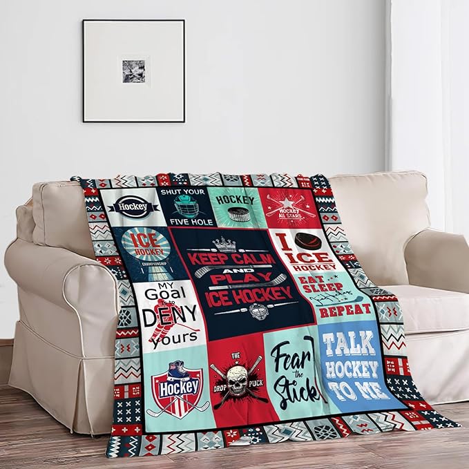 Ice Hockey Blanket, Hockey Player Throw Blanket, Sports Gifts Blankets Stuff Fleece Flannel Plush for Men Boys Women Girls Lovers Adults Soft Bedding Gift for Sofa Bed Office Home Decor 80"x60"