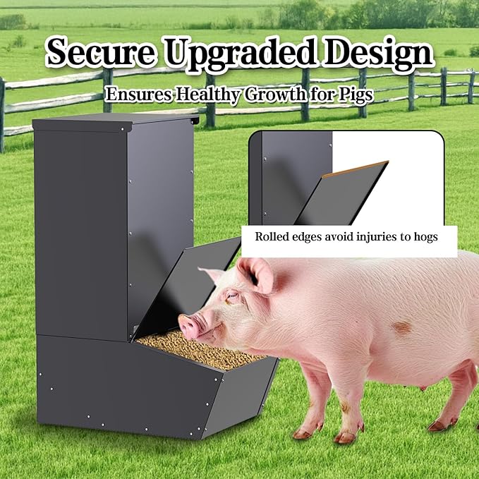 Hog Feeder, 2.5 Bushels Capacity, Heavy Duty Galvanized Steel Single Door Pig Feeder, Moisture Proof Piglet Creep Feeder, All Nuts Pre-Installed, Black