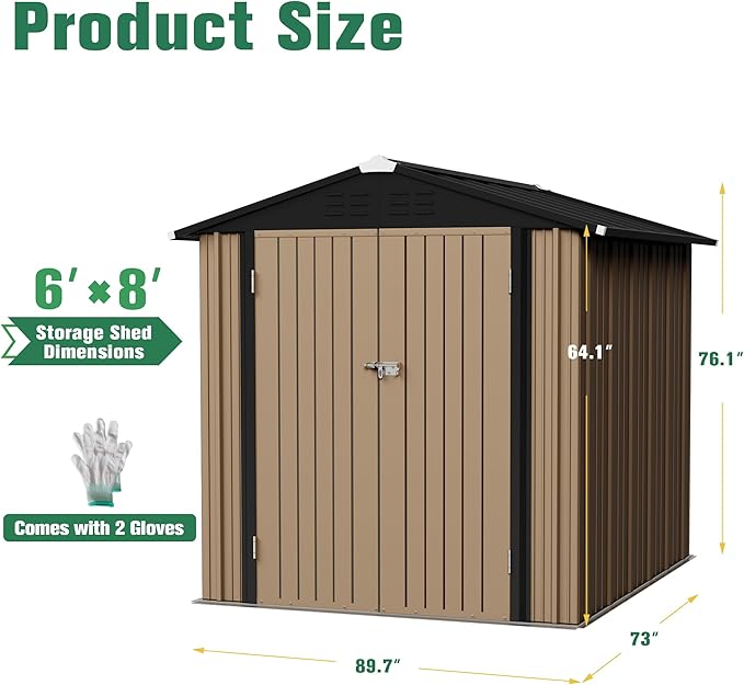 Flamaker 6x8 FT Storage Shed Waterproof Metal Garden Shed with Lockable Door Utility Tool Shed Outdoor Storage for Backyard, Patio and Lawn, Brown