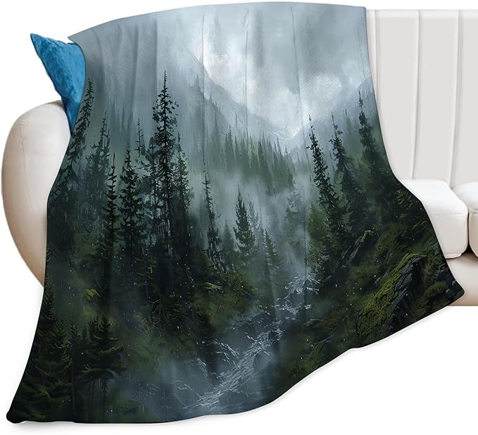 Forest Blanket Misty Mountain Tree Throw Blanket Cozy Plush Fleece Flannel Green Nature Blankets Landscape Party Gifts for Girls Boys Women Men 80"X60"