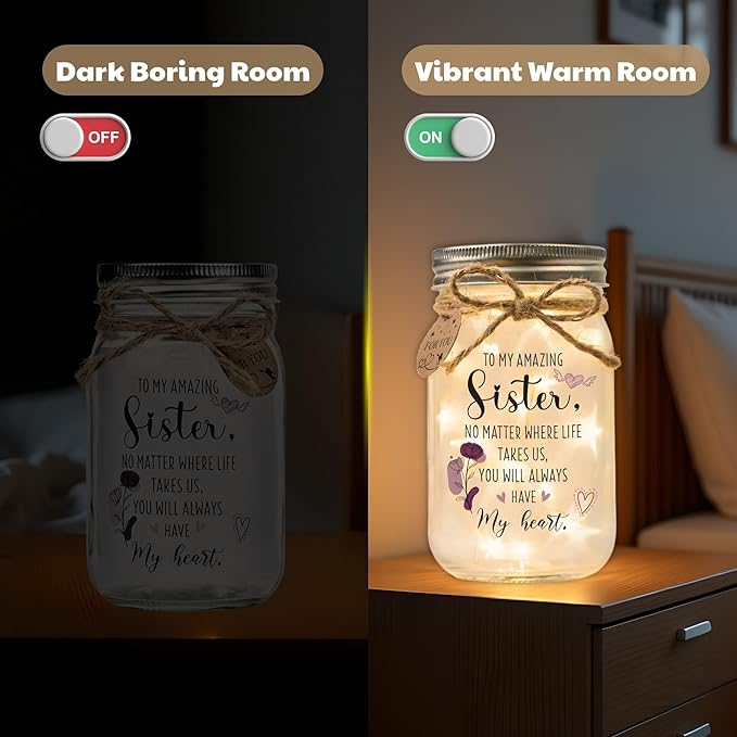 SOLMAY Sister Gifts Mason Jar Night Light – Unique Birthday & Christmas Gift for Sister– Sentimental Decorative Lamp from Sibling or Brother with Warm LED Fairy Lights