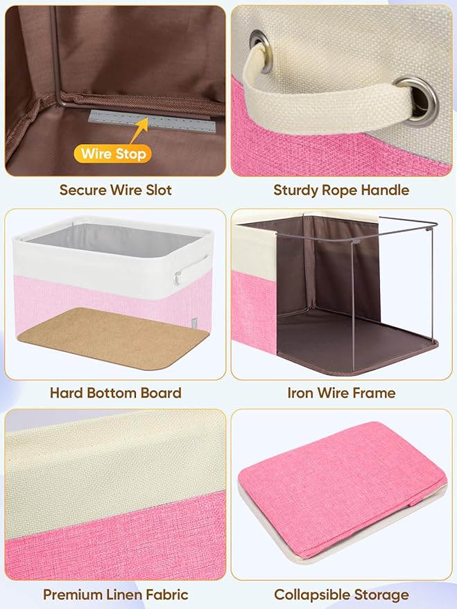 BALEINE 2 Pack Fabric Storage Bins for Shelves, Linen Storage Baskets for Organizing, Decorative Closet Bins for Clothes, Home (Pink, 14''x10''x8.5')