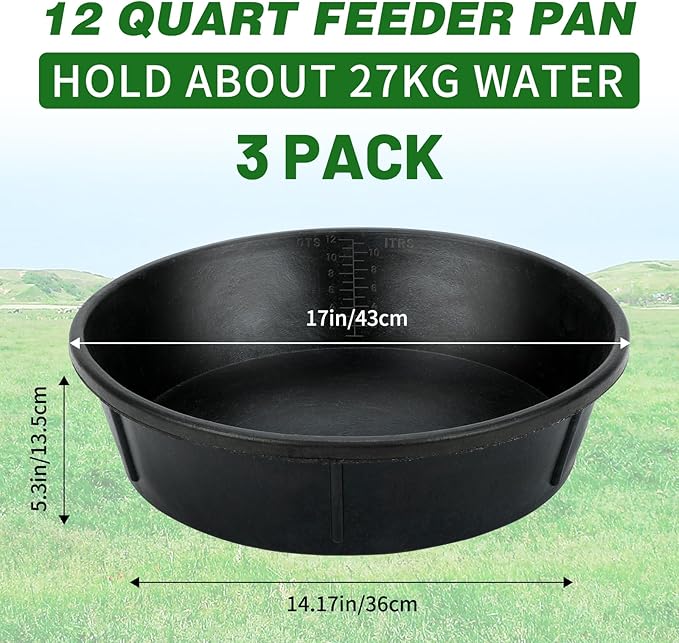 3Pcs Heavy Duty Rubber Feeder Pan, 12Q/3Gal Horses Feed Pan, Large Feed Bucket for Animal Feeding, Livestock Water Bowl Chicken Dust Bath Tub for Horse Goat Pig Dog Farm Livestock Poultry