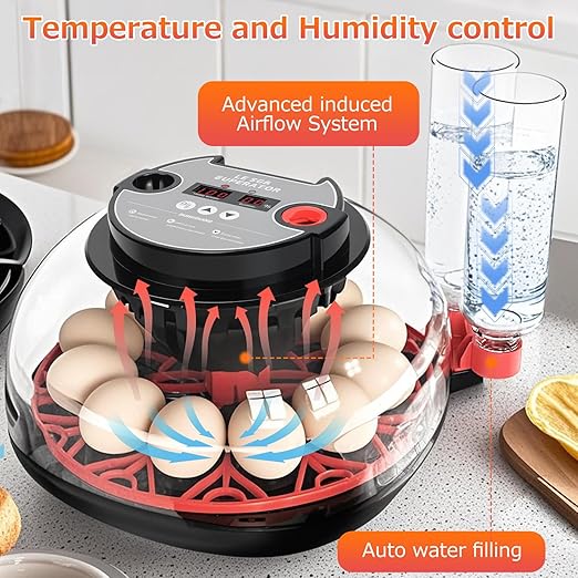 12 Egg Incubators for Hatching Eggs Automatic Egg Incubator with Temperature Control Humidity Control and Display for Chicken Duck Quail Eggs Auto Turner, Black red
