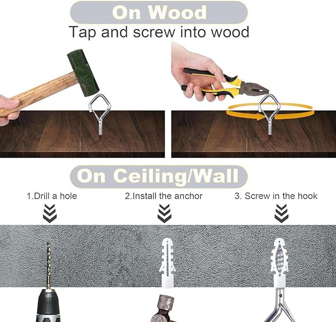 100 PCS Silver Eye Screw Hooks for Hanging Heavy Duty with Safety Buckle.Metal Ceiling Hooks for Hanging Plants Cup Wind Chime Bird Feeders Patio Lights at Indoor&Outdoor