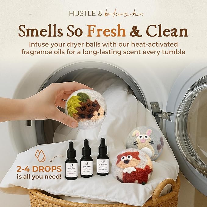 Hustle & Blush Fluff Ewes Wool Dryer Balls 6 Pack - XL Hedgehog and Homies Premium New Zealand Laundry Set, Reduces Drying Time, Static Control, Chemical Free, Ideal Holiday Gifts for Women & Men