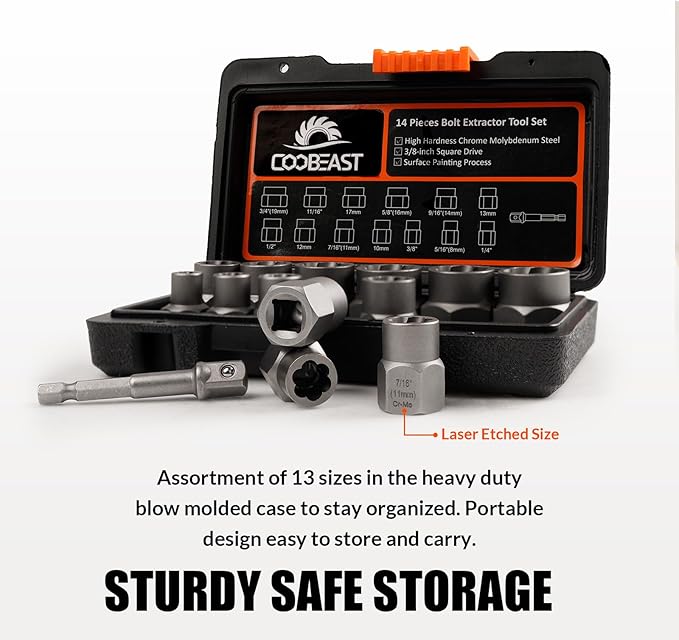 Bolt Extractor Set Heavy Duty, 13Pcs Bolt Extractor Kit with 3/8 Inch Adapter, Stripped Lug Nut Remover, Easy Out Bolt Remover Set for Rusted, Rounded, Damaged Nuts Screws