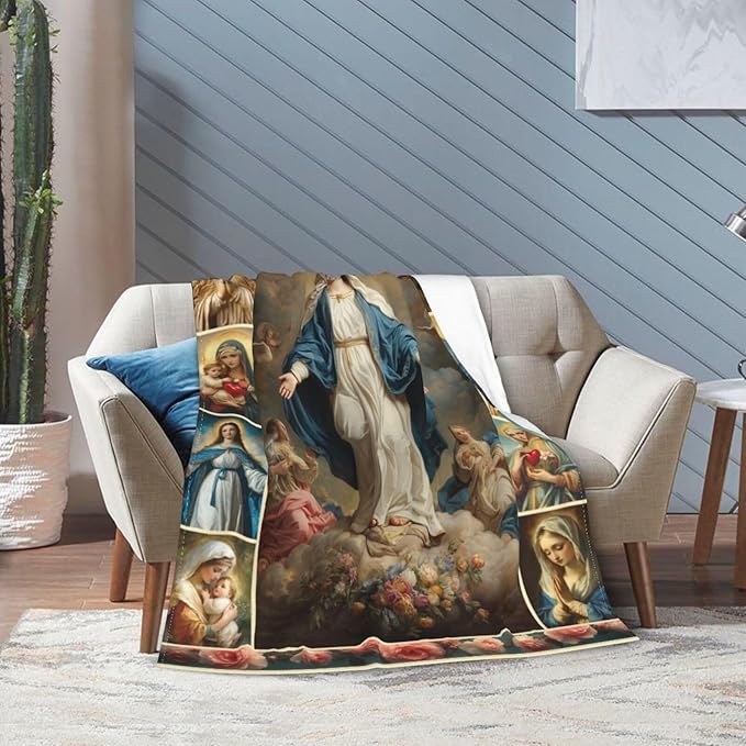 Virgin Mary Throw Blanket Catholic Religious Mexican Mother Mary Flannel Blankets Mother of God Player Fuzzy Plush Super Soft Cozy Warm Decor Gifts for Boys Girls Kids Adults Men Women 50" x 60"