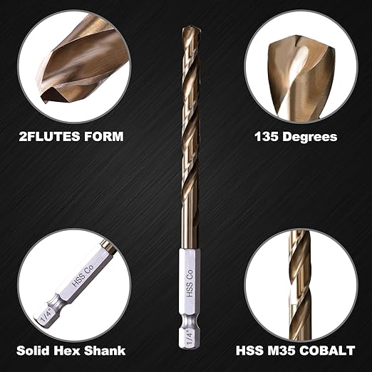 1/4 Hex Shank Cobalt Drill Bit Set 16Pcs 1/16"-1/4", M35 HSS Impact Driver Drill Bits for Metal and Hardened Steel, with Indexed Storage Case