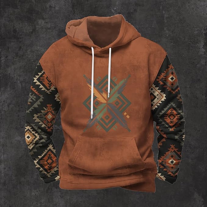 Mens Hooded Sweatshirt Vintage American Element Long Sleeve Fall Hoodie Classic Drawstring Front Pocket Pullover