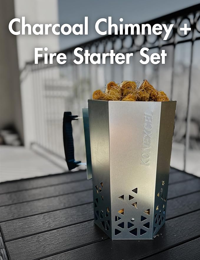 Charcoal Chimney Starter XL & Fire Starter set, Heavy Duty xl Charcoal Starter for charcoal grill (XXL Size) & Natural Wooden Fire starters for campfires (130 PCS); use for charcoal grill, BBQ.