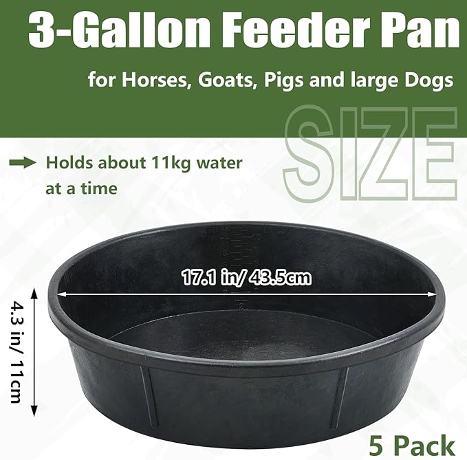 Sadnyy 5 Pcs 3 Gallon/ 12 Quart Rubber Feeder Pan, Rubber Feed Pan Utility Horse Feed Bucket Dog Bowl Horse Feeder for Cats Dogs Goats Chicken Dust Bath Container Animal Feeding, 10.6 x 4.1 Inch