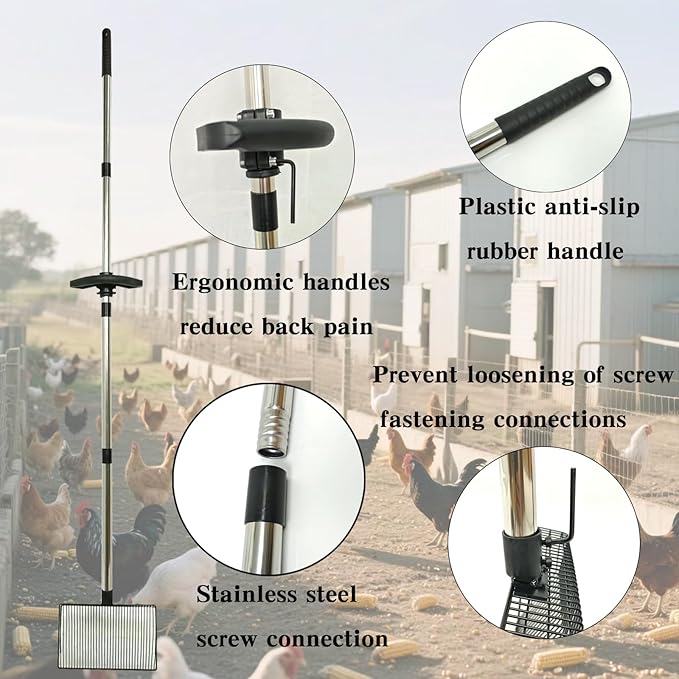 Chicken Scooper for Poop - Stainless Steel Chicken Coop Scoop & Rake for Sand, Pine Shavings & Waste - Ergonomic Handle, Easy Clean Poultry Coop Accessories for Hens, Ducks, Rabbits (10 Inch